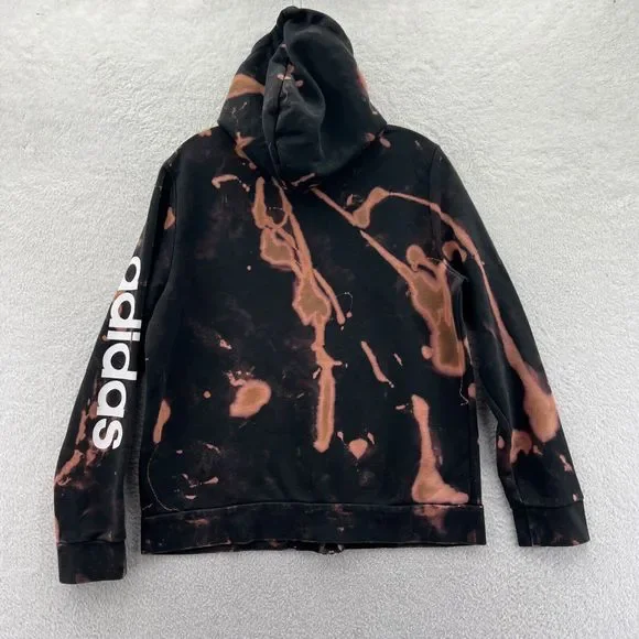 Adidas Hoodie Womens XL Black Sweatshirt Running Full Zip Bleach Dye Custom Gym - Picture 10 of 11